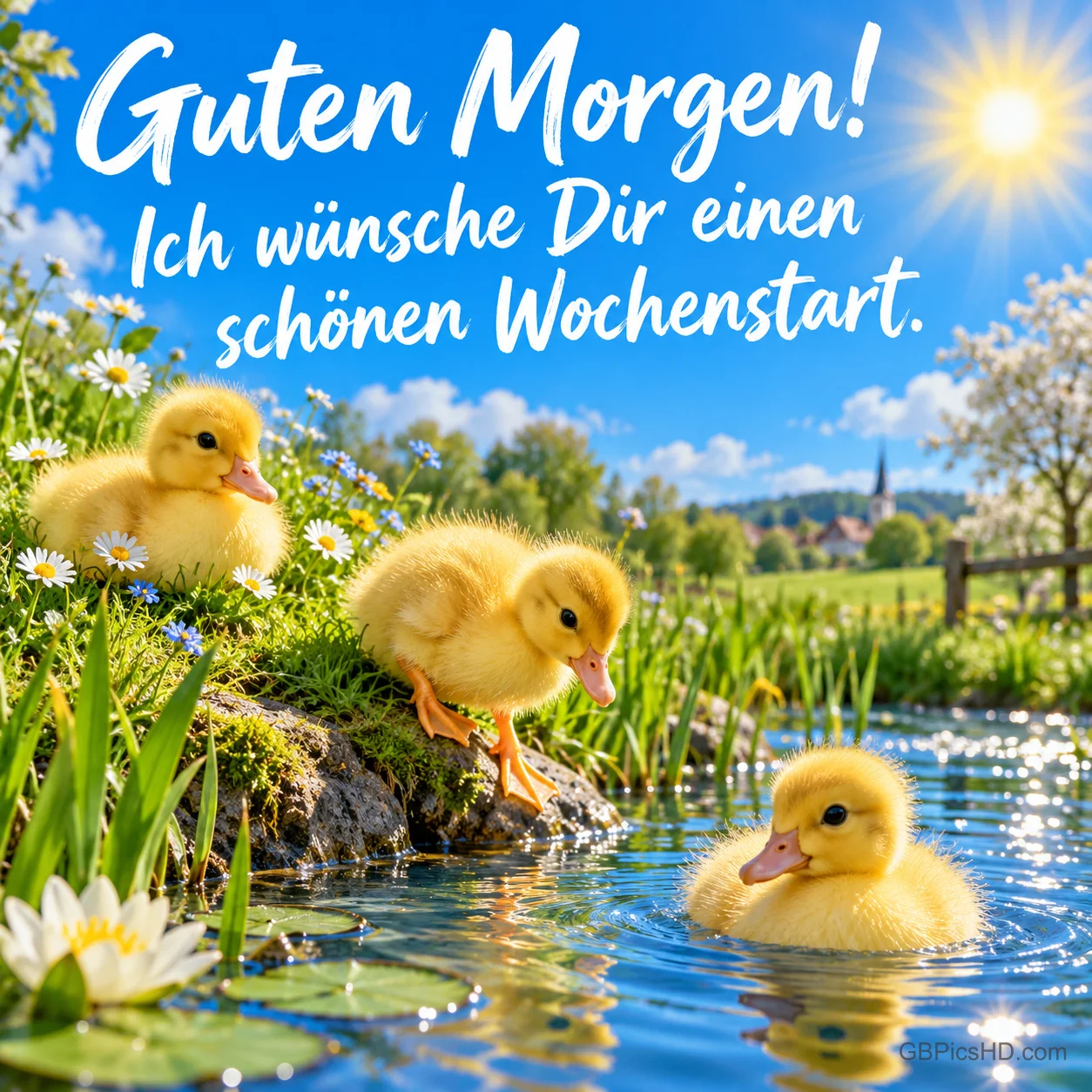Drei flauschige Entenküken am Teich zwischen Seerosen und Frühlingsblumen unter strahlender Sonne, dazu "Guten Morgen! Ich wünsche Dir einen schönen Wochenstart." Drei flauschige Entenküken am Teich zwischen Seerosen und Frühlingsblumen unter strahlender Sonne, dazu "Guten Morgen! Ich wünsche Dir einen schönen Wochenstart."