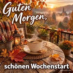 Herbstliche Terrasse mit dampfender Kaffeetasse auf einem Holztisch und buntem Laub, dazu der Gruß "Guten Morgen, schönen Wochenstart".