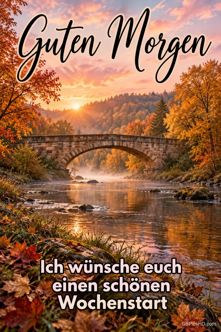 Ein Fluss mit Steinbrücke im herbstlichen Morgenlicht, darüber "Guten Morgen" und darunter "Ich wünsche euch einen schönen Wochenstart".