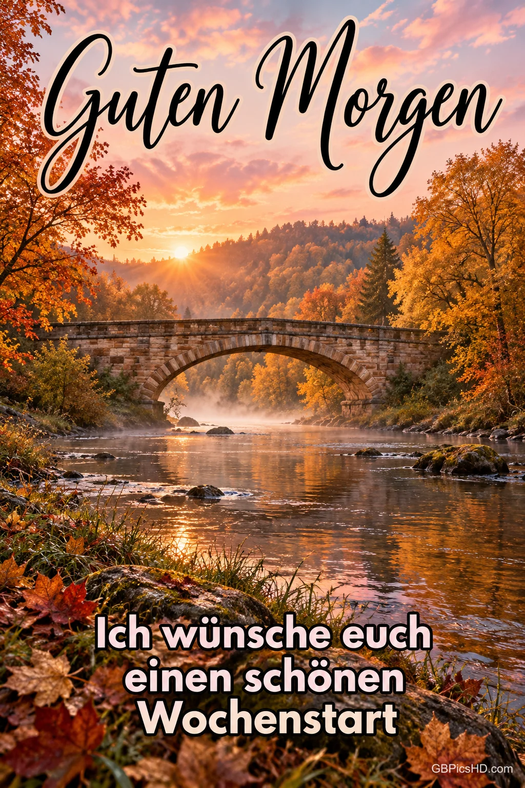 Ein Fluss mit Steinbrücke im herbstlichen Morgenlicht, darüber "Guten Morgen" und darunter "Ich wünsche euch einen schönen Wochenstart". Ein Fluss mit Steinbrücke im herbstlichen Morgenlicht, darüber "Guten Morgen" und darunter "Ich wünsche euch einen schönen Wochenstart".