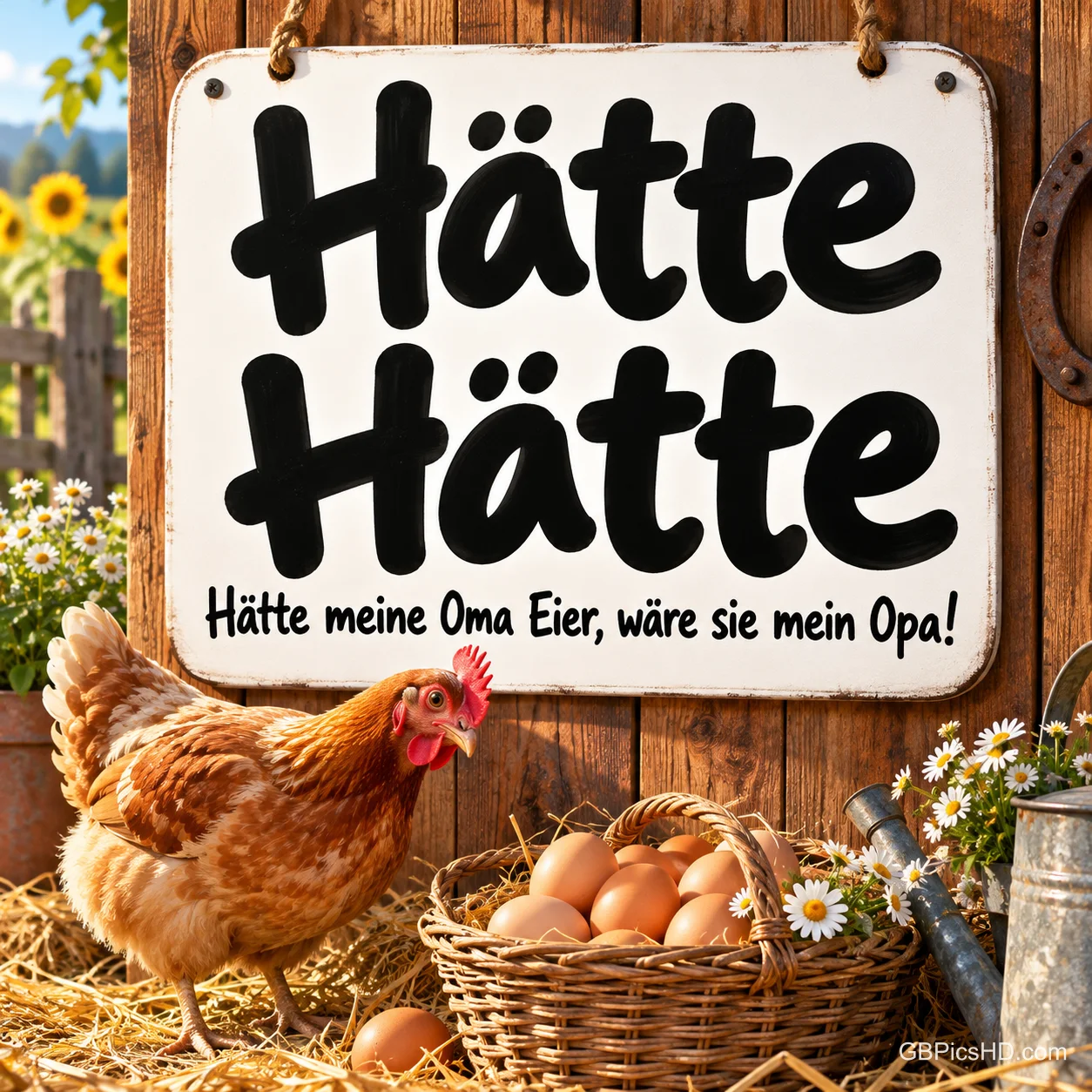 Ein weißes Schild an einer Scheunenwand zeigt "Hätte Hätte" und "Hätte meine Oma Eier, wäre sie mein Opa!", davor steht ein Huhn neben einem Korb mit Eiern.