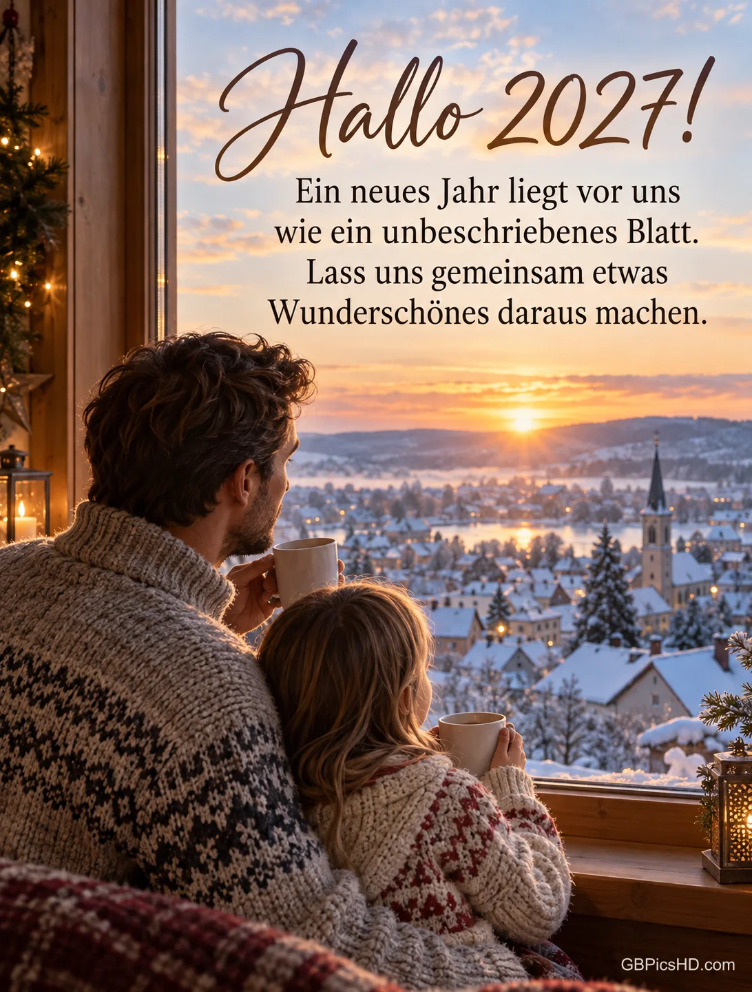 Ein Vater und sein Kind schauen mit Kakaotassen am Fenster auf den ersten Sonnenaufgang des Jahres, dazu "Hallo 2027!".