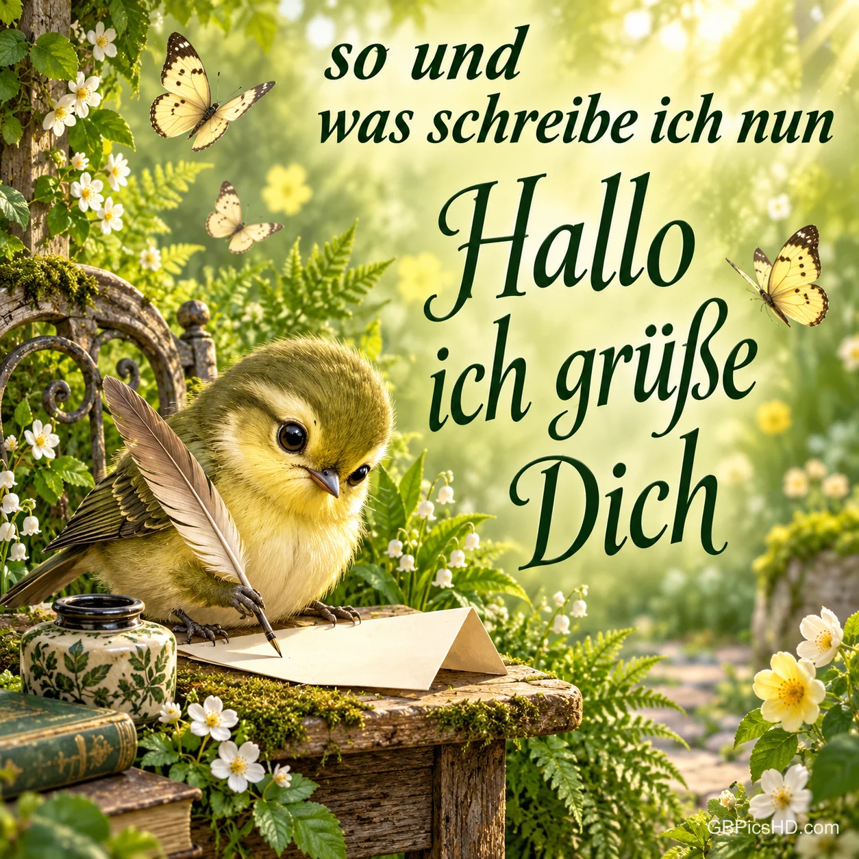 Ein Vogel sitzt bei Feder und Brief im blühenden Garten mit Schmetterlingen; daneben steht "So und was schreibe ich nun Hallo ich grüße Dich".