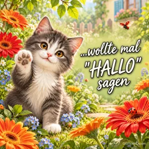 Ein grau-weißes Kätzchen hebt zwischen bunten Blumen eine Pfote neben dem Gruß "...wollte mal HALLO sagen".