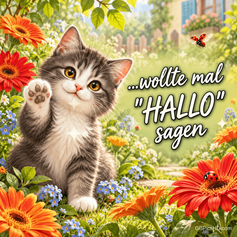 Ein grau-weißes Kätzchen hebt zwischen bunten Blumen eine Pfote neben dem Gruß "...wollte mal HALLO sagen".