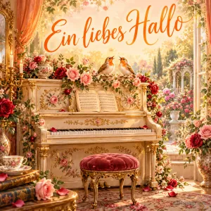 Zwei Vögel sitzen auf einem mit Rosen geschmückten cremefarbenen Klavier; darüber steht in orangefarbener Schrift "Ein liebes Hallo".