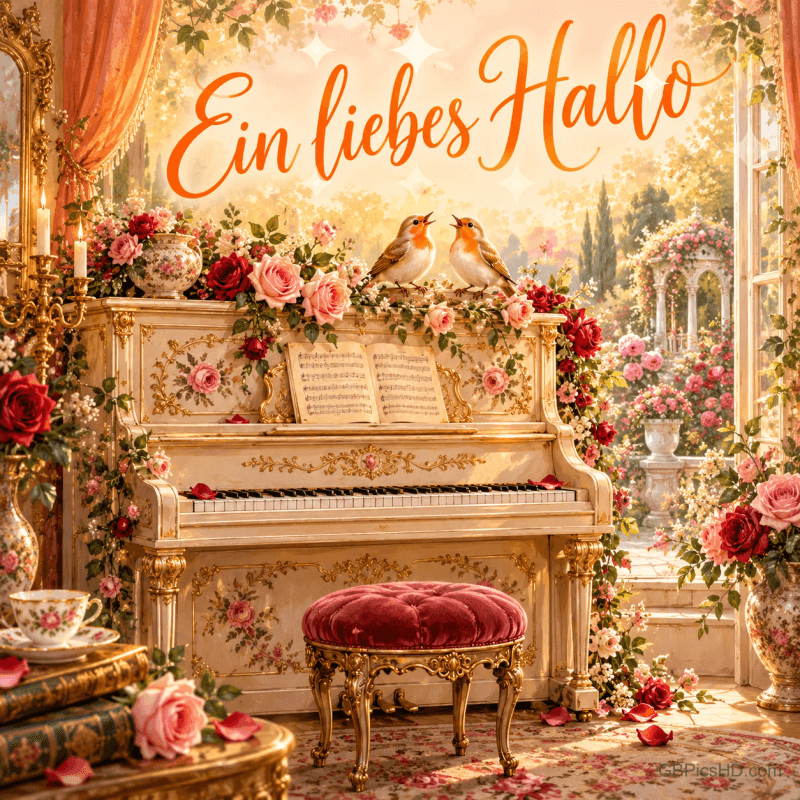 Zwei Vögel sitzen auf einem mit Rosen geschmückten cremefarbenen Klavier; darüber steht in orangefarbener Schrift "Ein liebes Hallo".