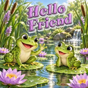 Zwei lächelnde Frösche sitzen auf Seerosenblättern im Teich, einer winkt; darüber steht "Hello Friend" in violetter Schrift.