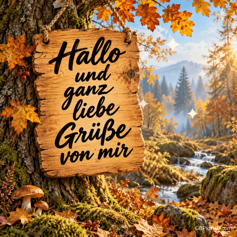 Ein Holzschild am Baum neben einem herbstlichen Bach trägt "Hallo und ganz liebe Grüße von mir".