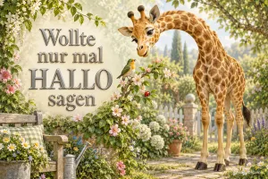 Eine Giraffe beugt sich zu einem kleinen Vogel auf einem blühenden Zweig im Garten; links steht "Wollte nur mal HALLO sagen".