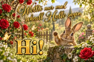 Ein Häschen winkt zwischen roten Rosen und Schmetterlingen: "Wollte nur mal schnell Hallo sagen Hi!".