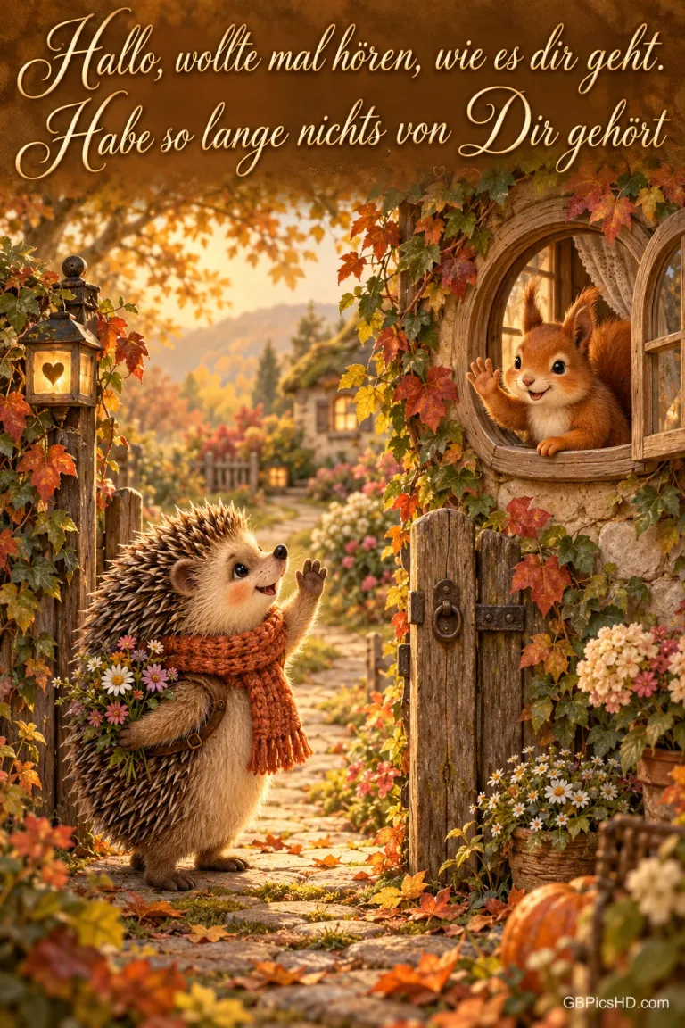 Igel und Eichhörnchen winken: "Hallo, wollte mal hören, wie es dir geht. Habe so lange nichts von Dir gehört".