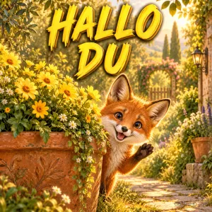 Ein kleiner Fuchs winkt hinter einem Blumentopf mit gelben Blüten im sonnigen Garten: "HALLO DU".