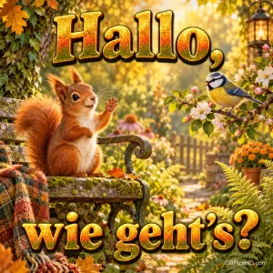 Ein Eichhörnchen auf einer Gartenbank hebt die Pfote zu einer Blaumeise auf einem Blütenzweig: "Hallo, wie geht’s?".