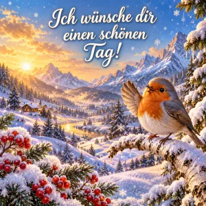 Ein Rotkehlchen hebt einen Flügel auf einem verschneiten Ast vor Bergen im Morgenlicht: "Ich wünsche dir einen schönen Tag!".
