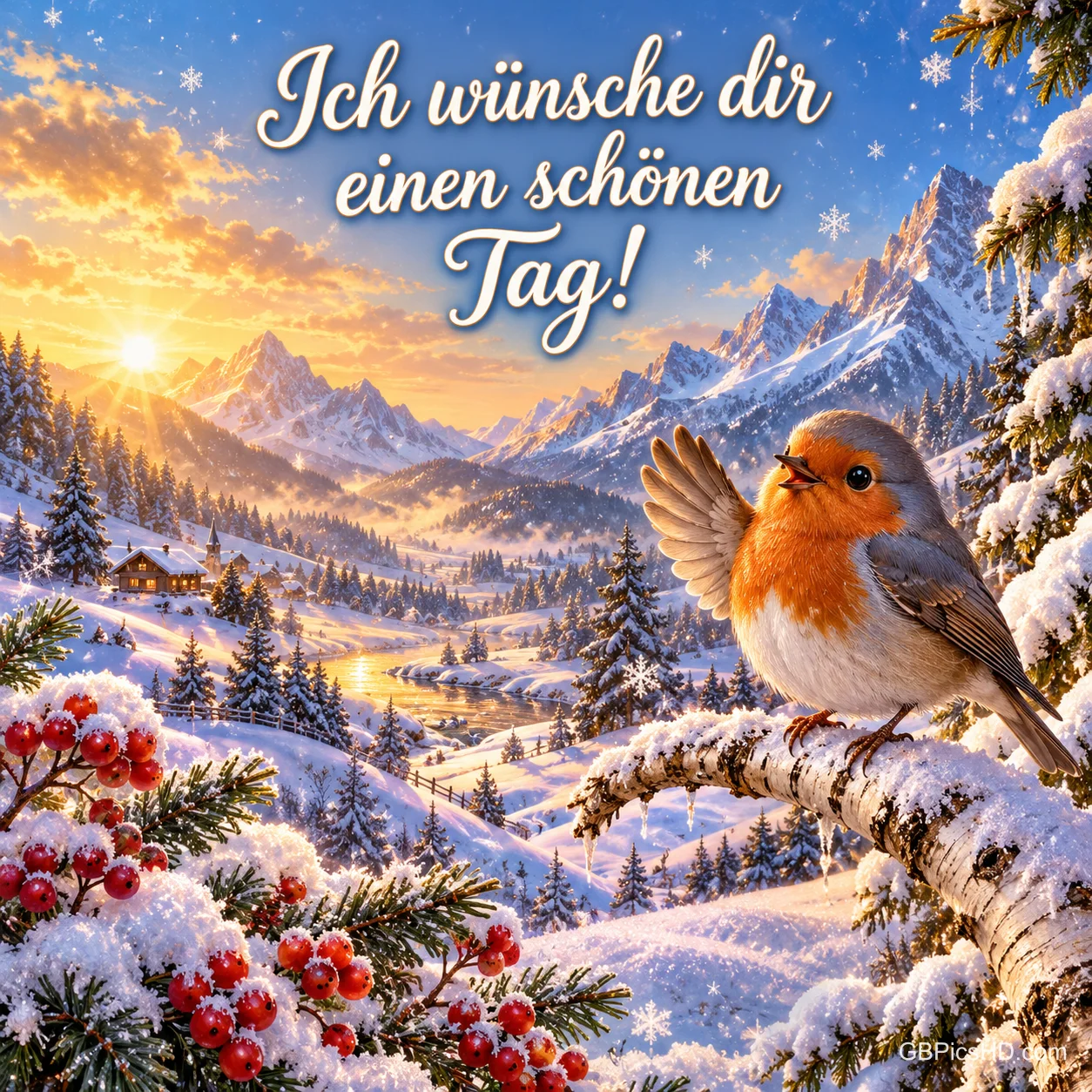 Ein Rotkehlchen hebt einen Flügel auf einem verschneiten Ast vor Bergen im Morgenlicht: "Ich wünsche dir einen schönen Tag!".