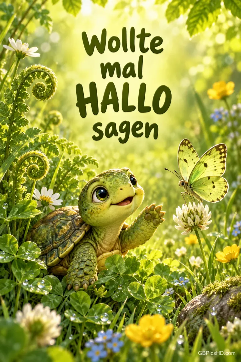 Eine kleine Schildkröte hebt im grünen Klee eine Vorderpfote zu einem gelben Schmetterling: "Wollte mal HALLO sagen".