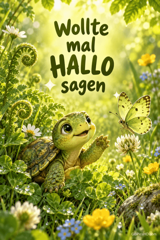 Eine kleine Schildkröte hebt im grünen Klee eine Vorderpfote zu einem gelben Schmetterling: "Wollte mal HALLO sagen".