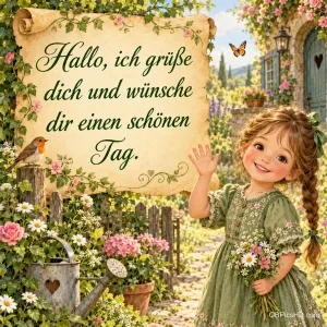 Ein Mädchen mit Blumenstrauß winkt neben einer Schriftrolle im Garten: "Hallo, ich grüße dich und wünsche dir einen schönen Tag.".