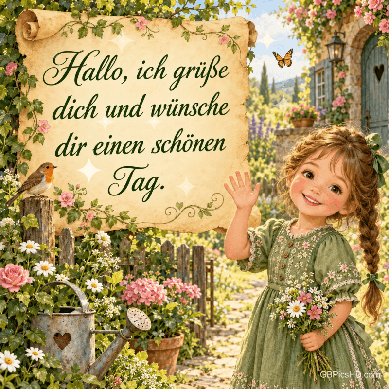 Ein Mädchen mit Blumenstrauß winkt neben einer Schriftrolle im Garten: "Hallo, ich grüße dich und wünsche dir einen schönen Tag.".