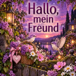 Zwei Vögel bei einem Blumenkorb am Gartentor vor einem See im violetten Abendlicht: "Hallo, mein Freund".