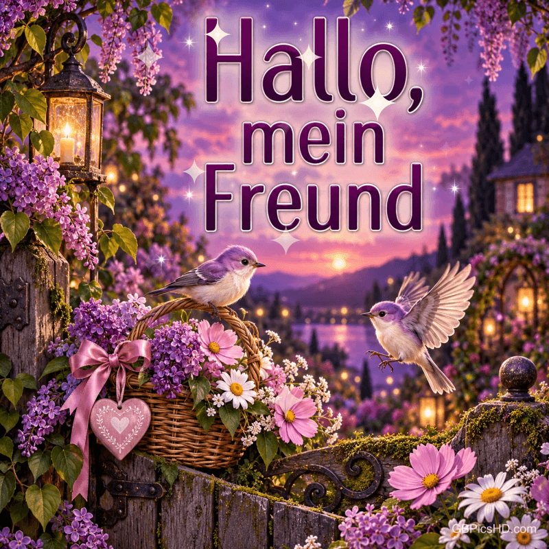 Zwei Vögel bei einem Blumenkorb am Gartentor vor einem See im violetten Abendlicht: "Hallo, mein Freund".