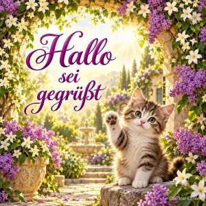 Ein Kätzchen hebt unter einem blühenden Gartenbogen die Pfote neben "Hallo sei gegrüßt".