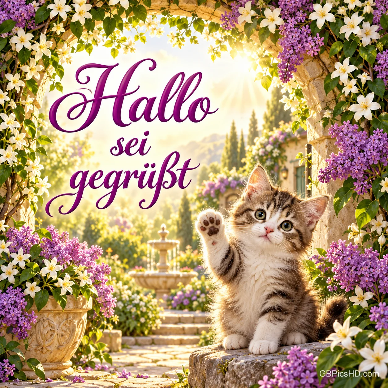 Ein Kätzchen hebt unter einem blühenden Gartenbogen die Pfote neben "Hallo sei gegrüßt".