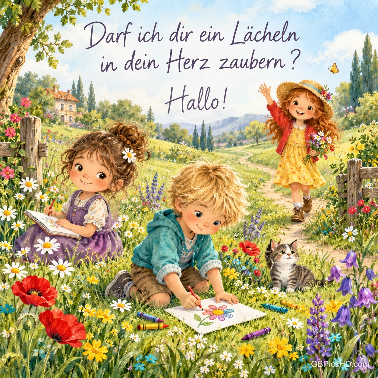 Drei Kinder und eine Katze auf einer Blumenwiese mit dem Gruß "Darf ich dir ein Lächeln in dein Herz zaubern? Hallo!".
