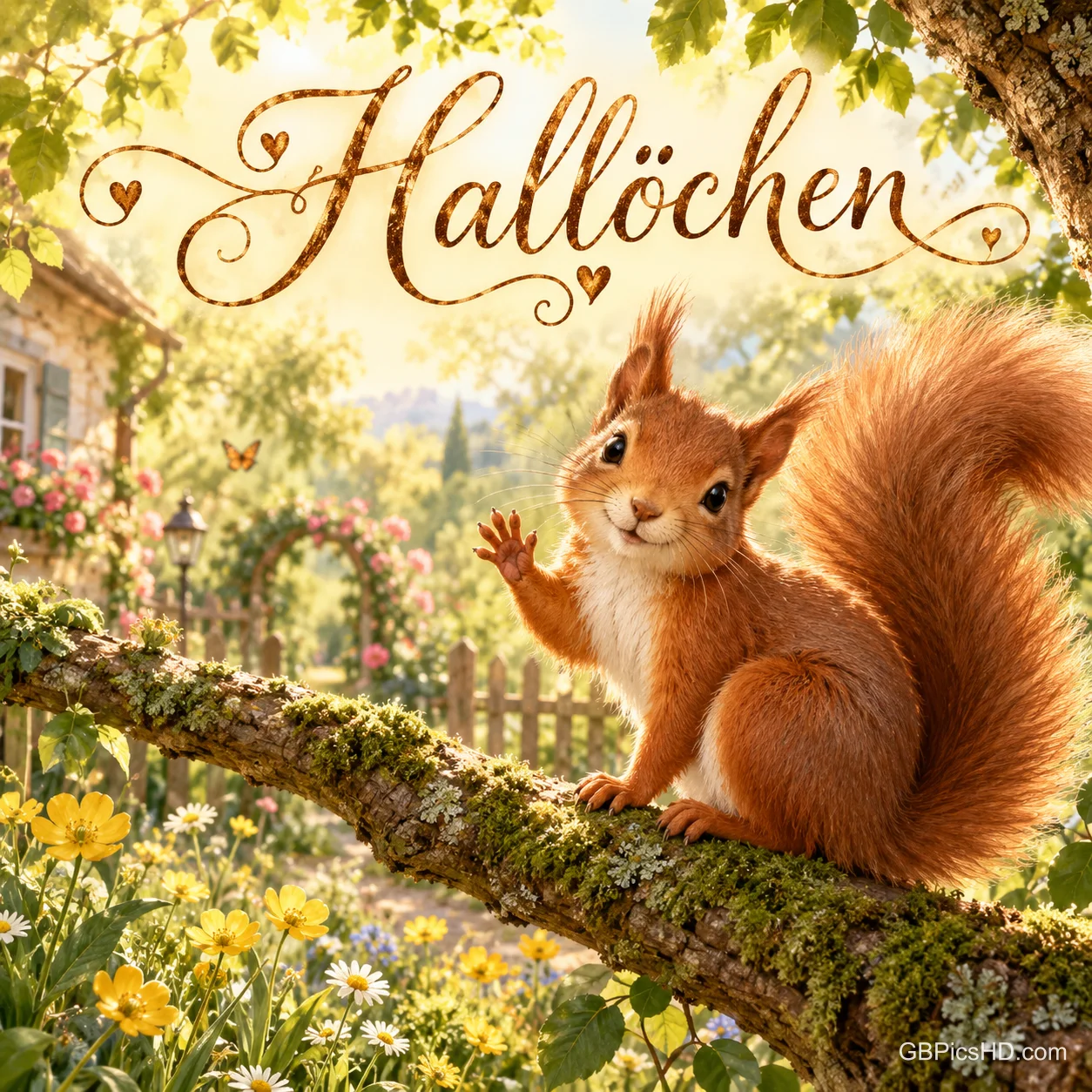 Ein Eichhörnchen hebt auf einem moosigen Ast eine Pfote, darüber steht "Hallöchen".