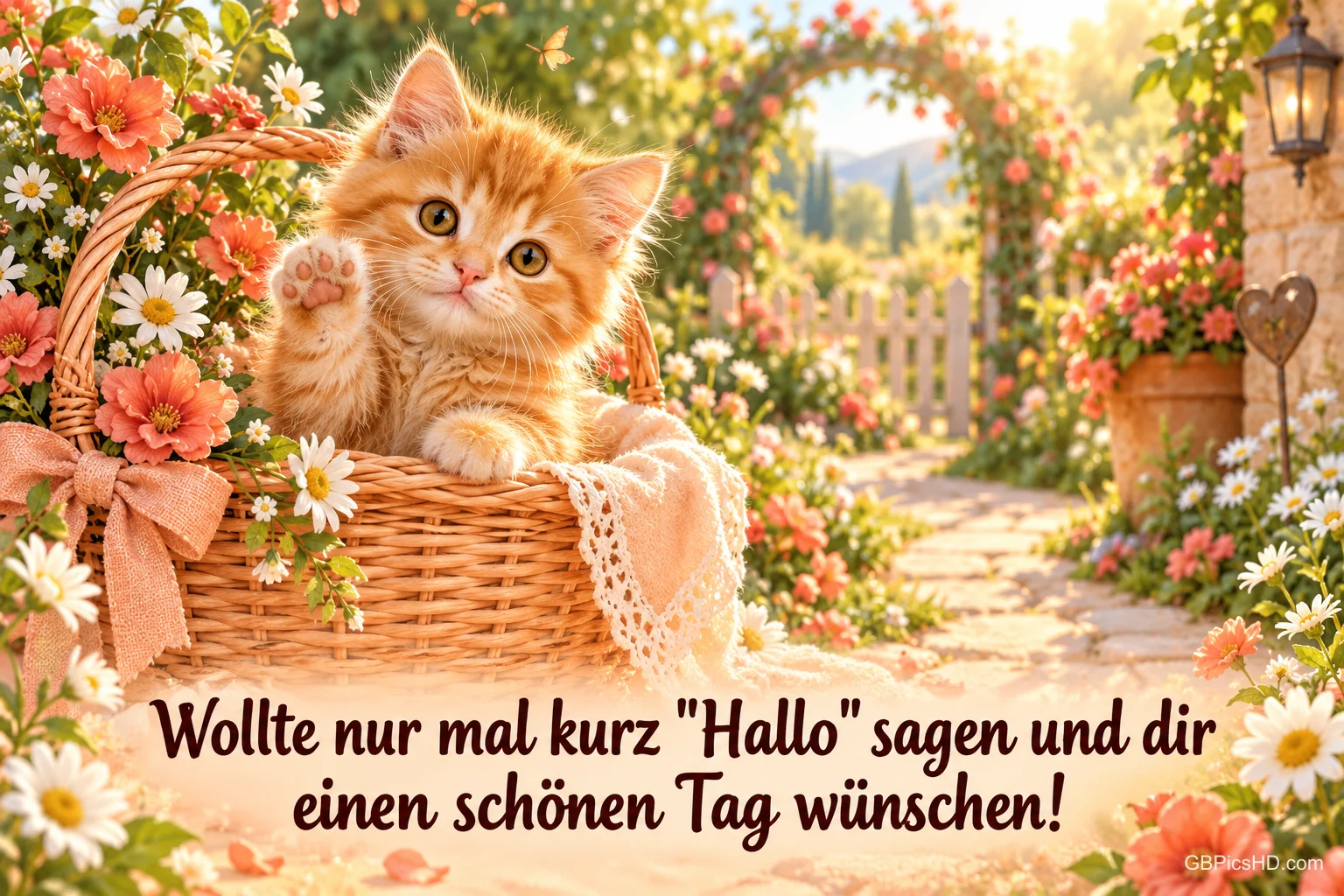 Ein orangefarbenes Kätzchen hebt im Blumenkorb eine Pfote: "Wollte nur mal kurz "Hallo" sagen und dir einen schönen Tag wünschen!". Ein orangefarbenes Kätzchen hebt im Blumenkorb eine Pfote: "Wollte nur mal kurz "Hallo" sagen und dir einen schönen Tag wünschen!".