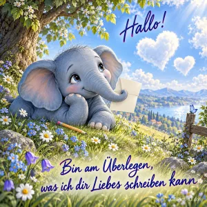 Ein kleiner Elefant hält einen Brief unter einem Baum: "Hallo! Bin am Überlegen, was ich dir Liebes schreiben kann".
