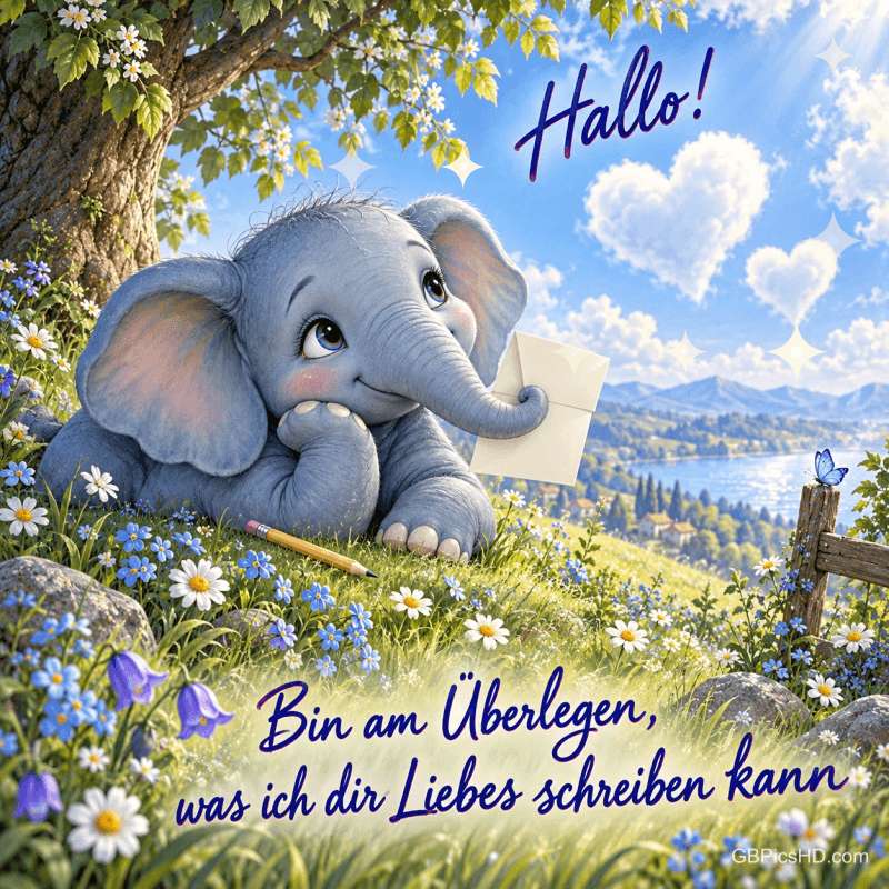 Ein kleiner Elefant hält einen Brief unter einem Baum: "Hallo! Bin am Überlegen, was ich dir Liebes schreiben kann".