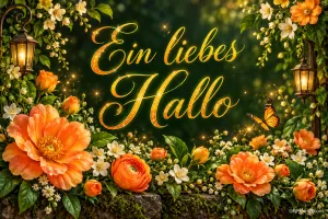 Orangefarbene Blüten, zwei Laternen und ein Schmetterling umrahmen den goldenen Schriftzug "Ein liebes Hallo".
