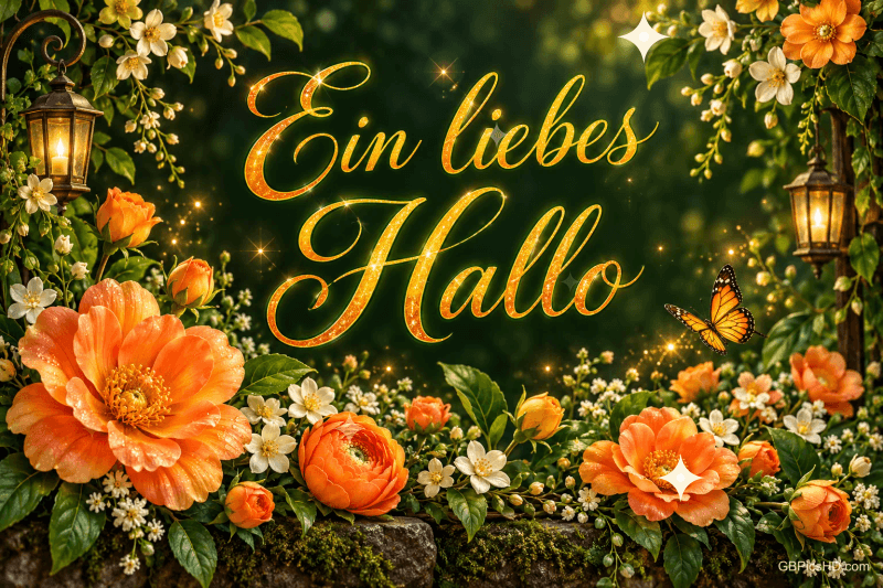 Orangefarbene Blüten, zwei Laternen und ein Schmetterling umrahmen den goldenen Schriftzug "Ein liebes Hallo".