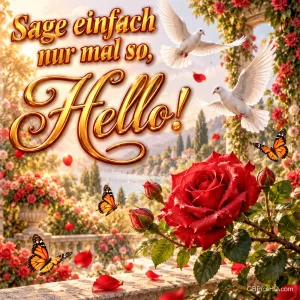 Zwei weiße Tauben fliegen über einer roten Rose und Schmetterlingen neben dem Gruß "Sage einfach nur mal so, Hello!".