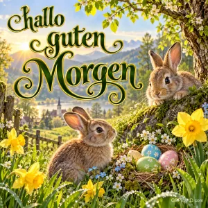 Zwei Kaninchen sitzen zwischen Frühlingsblumen und bunten Ostereiern unter dem Gruß "Hallo guten Morgen".