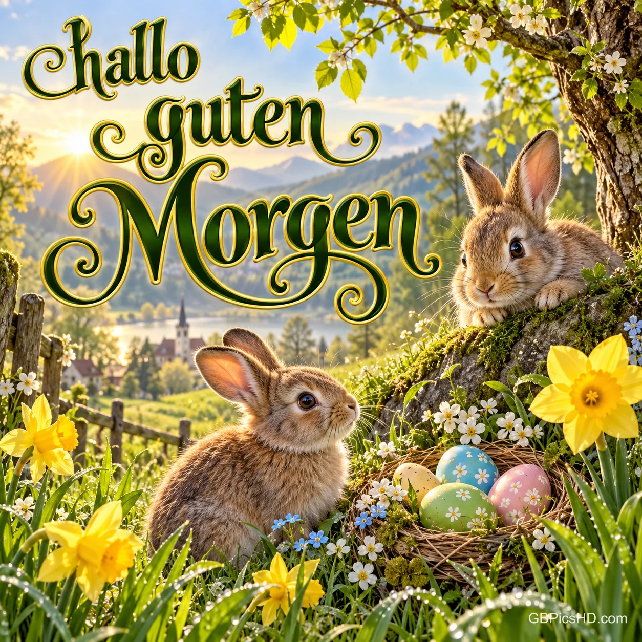 Zwei Kaninchen sitzen zwischen Frühlingsblumen und bunten Ostereiern unter dem Gruß "Hallo guten Morgen".