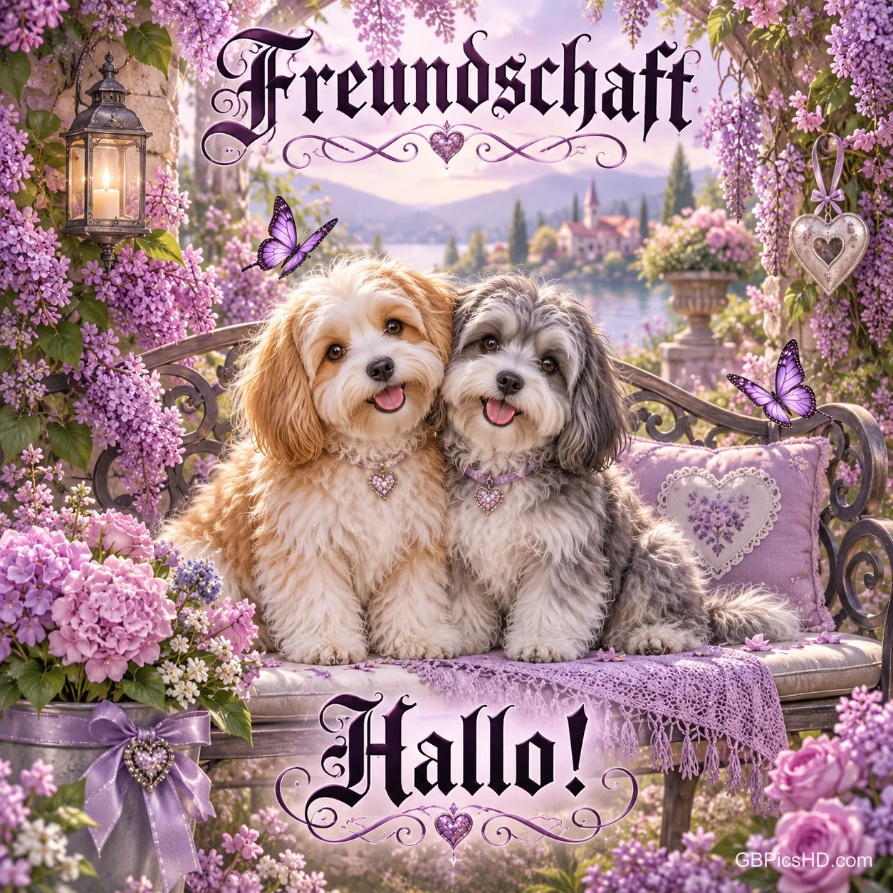 Zwei flauschige Hunde sitzen auf einer Bank zwischen lila Blüten und Schmetterlingen; dazu steht "Freundschaft Hallo!".