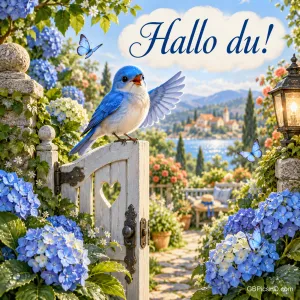 Ein blauer Vogel hebt einen Flügel auf einem Gartentor zwischen Hortensien; darüber steht "Hallo du!".