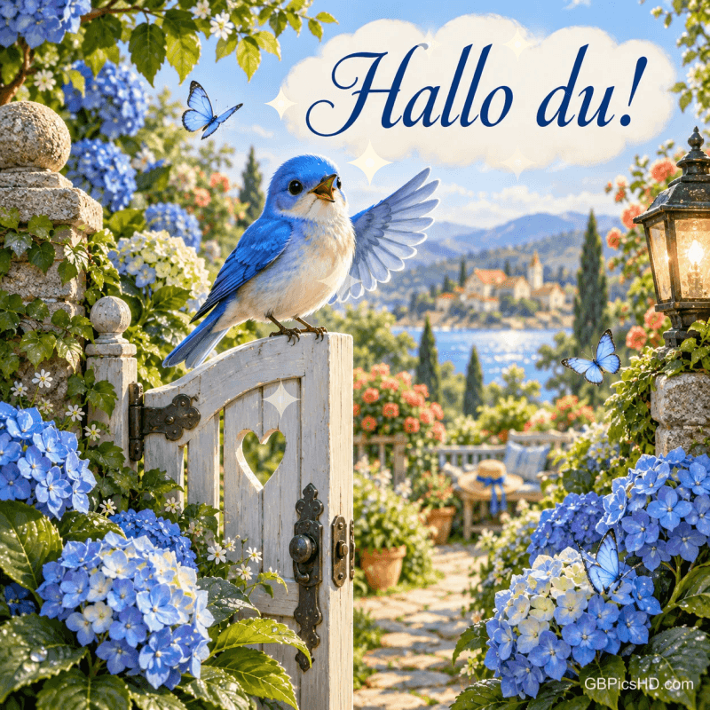 Ein blauer Vogel hebt einen Flügel auf einem Gartentor zwischen Hortensien; darüber steht "Hallo du!".