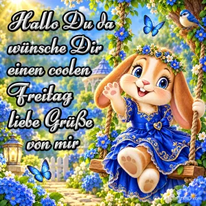 Ein Häschen im blauen Kleid schaukelt neben "Hallo Du da wünsche Dir einen coolen Freitag liebe Grüße von mir".