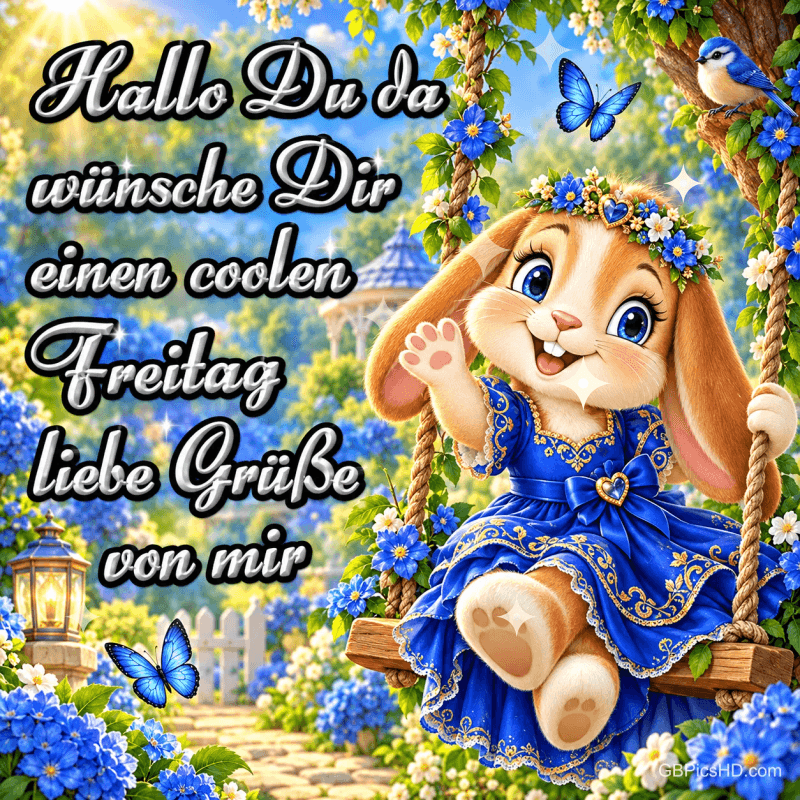 Ein Häschen im blauen Kleid schaukelt neben "Hallo Du da wünsche Dir einen coolen Freitag liebe Grüße von mir". Ein Häschen im blauen Kleid schaukelt neben "Hallo Du da wünsche Dir einen coolen Freitag liebe Grüße von mir".