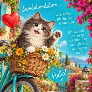 Ein Kätzchen winkt aus einem Blumenkorb am Fahrrad neben einem Herzballon und den Worten "Hallo!".