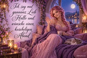 Eine Frau winkt neben einer schlafenden Katze und "Ich sag mal gaaaanz lieb Hallo und wünsche einen kuscheligen Abend".