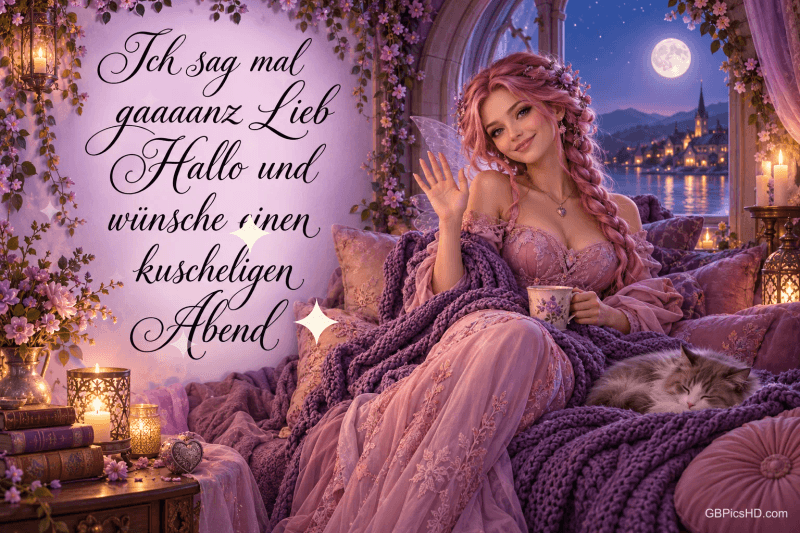 Eine Frau winkt neben einer schlafenden Katze und "Ich sag mal gaaaanz lieb Hallo und wünsche einen kuscheligen Abend".
