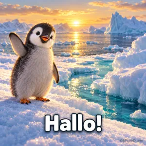 Ein kleiner Pinguin hebt einen Flügel auf einer Eisscholle im Sonnenlicht über dem Schriftzug "Hallo!".