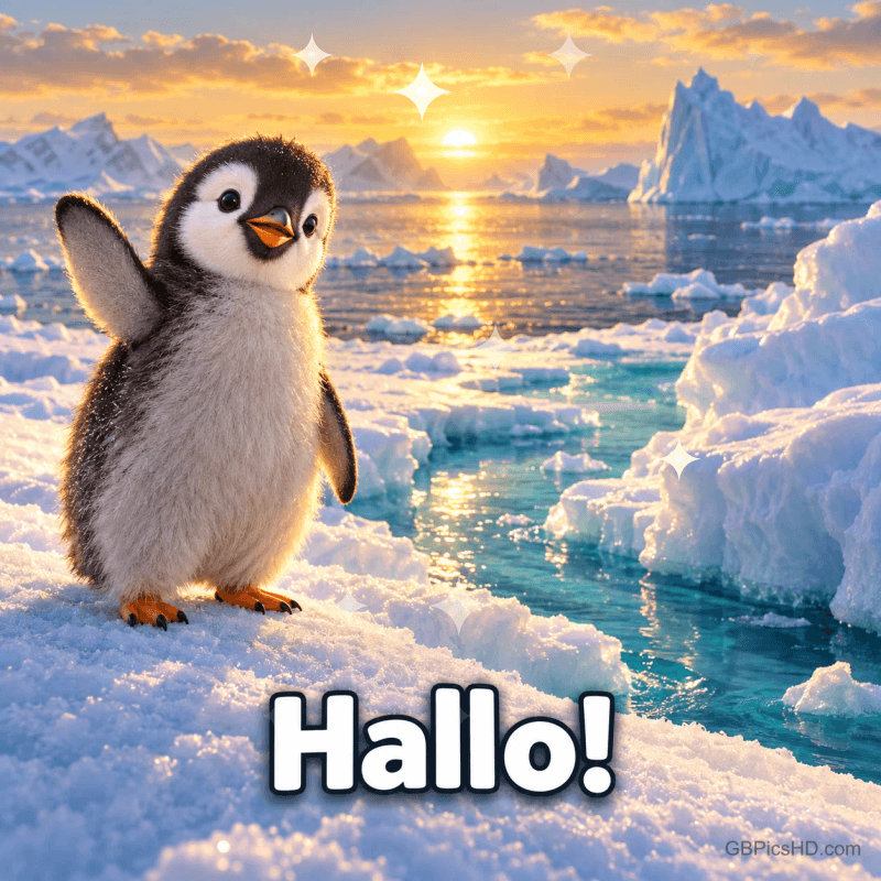 Ein kleiner Pinguin hebt einen Flügel auf einer Eisscholle im Sonnenlicht über dem Schriftzug "Hallo!".