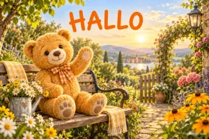 Ein Teddybär mit Schleife hebt auf einer Gartenbank eine Tatze unter dem orangefarbenen Gruß "HALLO".
