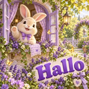Ein Häschen mit lila Schleife winkt aus einem blumengeschmückten Fenster über einem Holzschild mit "Hallo".